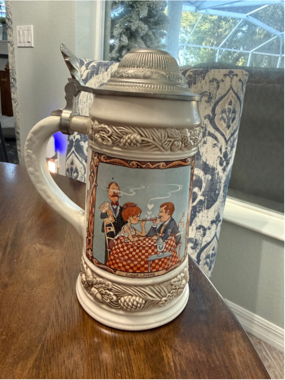 Vintage GERZ Germany Cigar Smoker Beer Stein Lidded Collectible